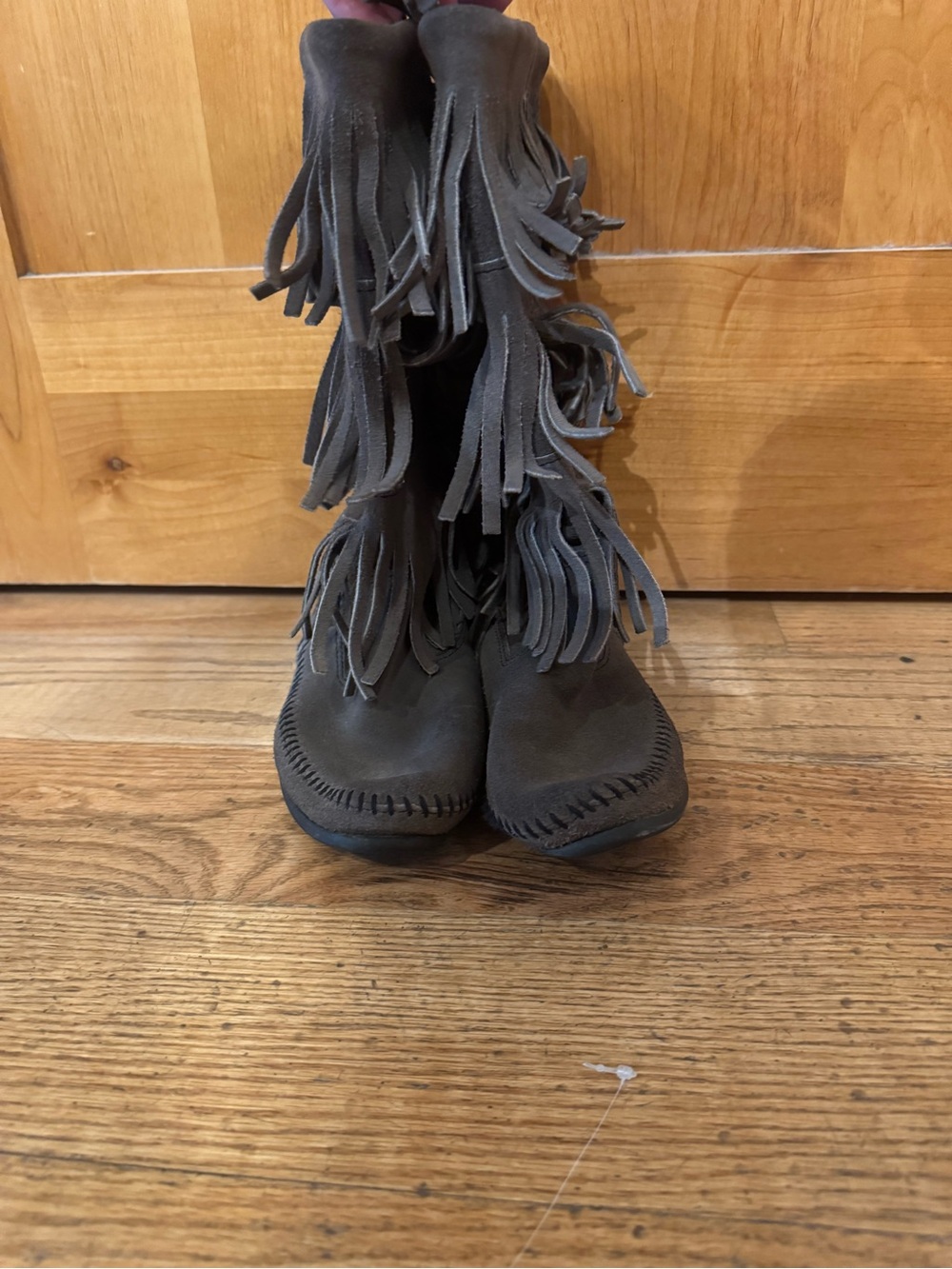 Minnetonka Gray Suede Fringe Moccasin Boots